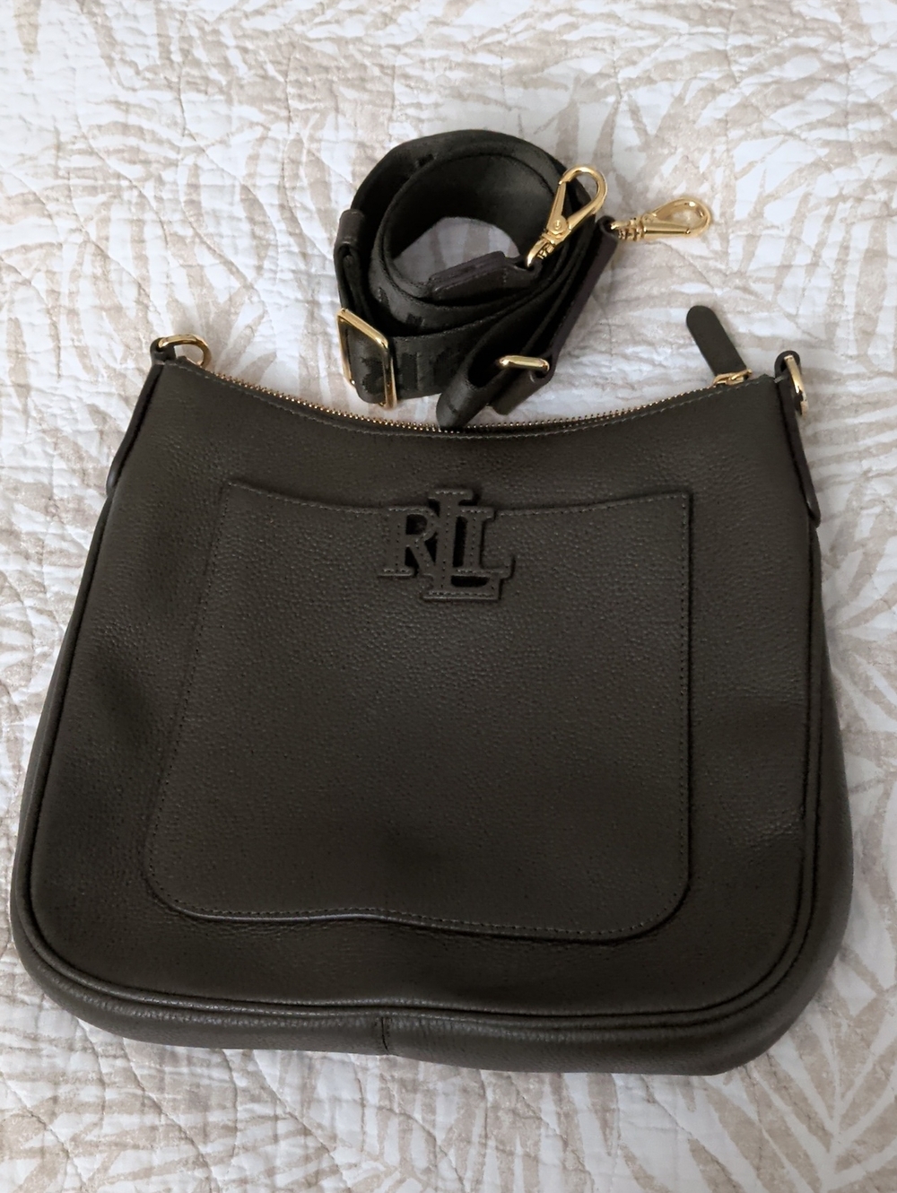 Ralph Lauren Green Olive Pebbled Leather Crossbody with Gold Hardware